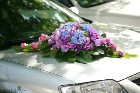 oval car flower arrangement with hydrangeas (rose, lisianthus, pink, blue, purple)