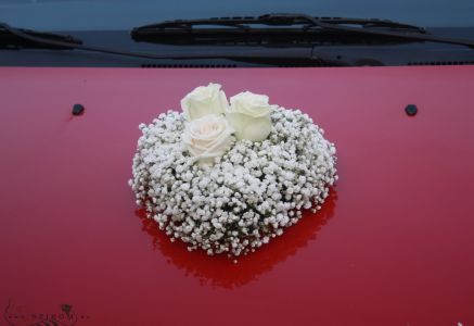 heart shaped small car flower arrangement made of gypsophila and roses (white)