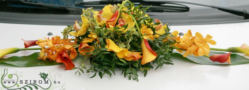 oval car flower arrangement with orchids (cala, orange, yellow)