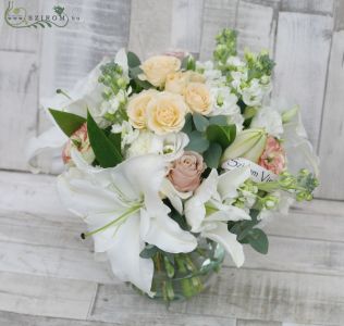glass ball with peach roses, white lilies, carnations, stockflower (18 stems)