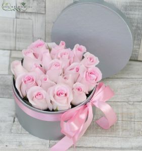 Pink roses in a silver box (19 stems)