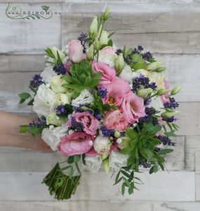 Bridal bouquet with lavanders and sempervium (rose, rose bush, lisianthus, pink, white, purple)