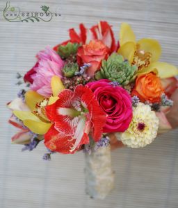 Bridal bouquet with colorful, tropical style (amarillis rose, cedar, dali, cymbidium, limonium, sedum, yellow, pink, orange, red)
