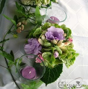Centerpiece with greenery (purple, green, hydrangea, lisianthus), wedding