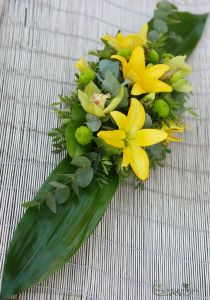 Centerpiece with yellow lilies for long table, wedding