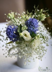 Centerpiece in milk jug Mezzo Music Restaurant (blue, white, hyacinth, gypsophila, lisianthus), wedding