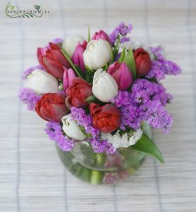 Centerpiece with tulips and limoniums (red, whte, purple), wedding