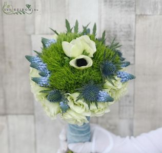 Bridal bouquet green pea with dianthus temarisou, muscari, anemone, blue, white