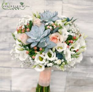 Bridal bouquet with peach roses, lisianthus, succulent (gypsophila,hypericum, white, pink