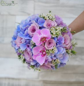 Bridal bouquet with orchids and hydrangeas (rose, wax, blue, purple, pink)