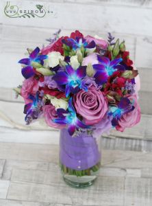 Bridal bouquet with purple roses, blue dendrobium