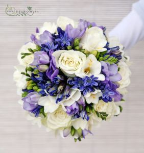 Bridal bouquet with freesias, blue agapanthusses and white roses