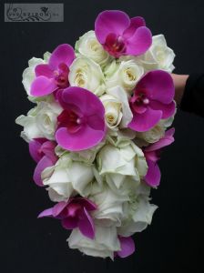 Bridal bouquet with roses and orchids, teardrop (white, pink)