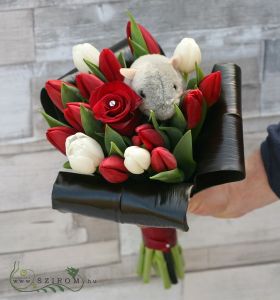 bouquet of tulips and rose, with plush mouse (16 stems)