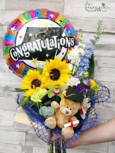 Graduation bouquet with balloon and teddy (9 stems)
