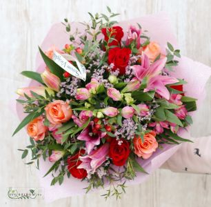 Red and peach bouquet of roses, lilies, small flowers (21 stems)