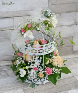 Wedding centerpiece bird cage with pastel flowers (pink, peach, gypsophila, rose, freesia)