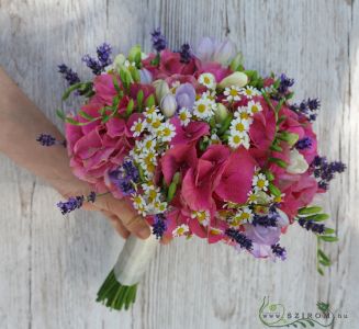 Bridal bouquet (hydrangea, fresia, levander, camomile, white, pink, purple)