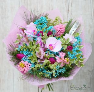 pink-blue bouquet with Phalenopsis orchyds