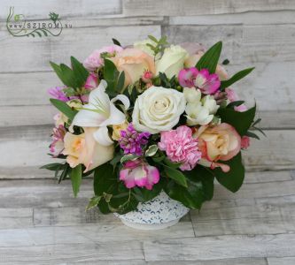 Flower arrangement in a pot (rose, lily, alstromelia, hyacinth, carnation, pink, peach), wedding