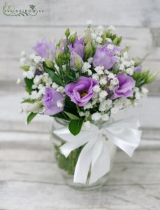Small bouquet in vase (purple lisianthus, baby breath), wedding