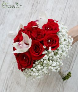 bridal bouquet (rose, cymbidium orchid,baby breath,red,white)