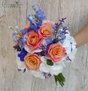 bridal bouquet (hydrangea, delphinium, roses, limonium, orange, blue, white)