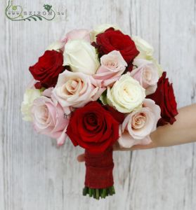 bridal bouquet (roses, red, white, pink)