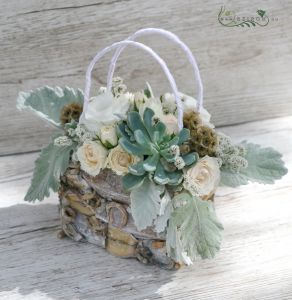 bridal bag bouquet (lizianthus, spray roses, sempervivum, white, silver)