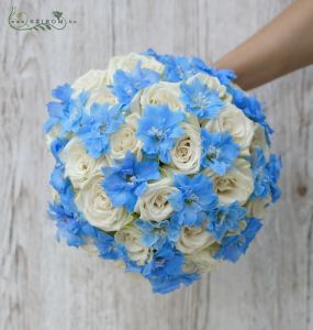 bridal bouquet (rose, delphinium,  roses, blue, white)