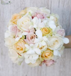 bridal bouquet (dendrobium, roses, peach, pink, white)