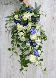 bridal bouquet (roses, eryngium, gentiana, lizianthus, blue, white)