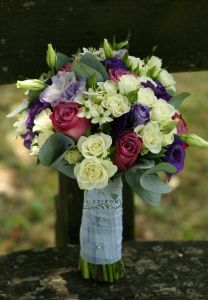 bridal bouquet (rose, spray rose, lisianthus, ornithogalum, white, purple, pink)