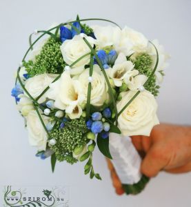 bridal bouquet (rose, freesia, entianthus, blue, white)