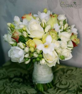 bridal bouquet (rose, spray rose, freesia, yellow, white, cream)