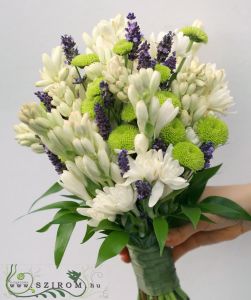 bridal bouquet (tuberose, lavender, button chrys, white, purple) summer, fall
