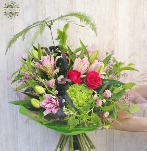 Pink - green bouquet with lilies, umbrella fern