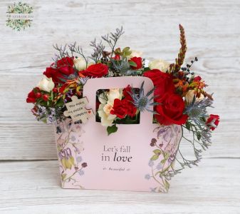 Love Flowerbag with peach and red roses, love themed sign on stick