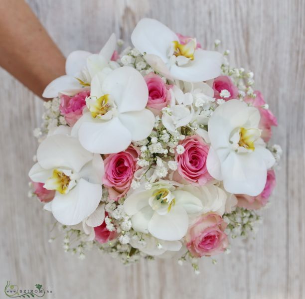 Menyasszonyi csokor (rózsa, phalaenopsis orhidea, rezgő, fehér, rózsaszín)