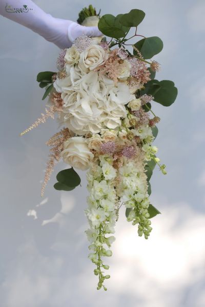 Menyasszonyi cseppcsokor (szarkaláb, hortenzia, rózsa, krém, fehér)