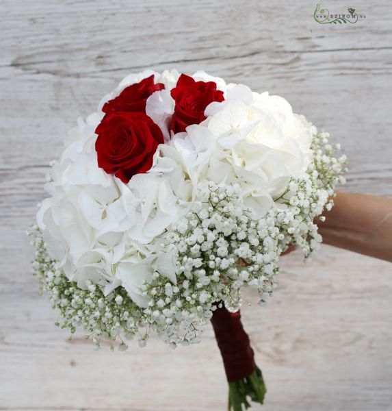Menyasszonyi csokor (rózsa, hortenzia, rezgő, fehér, vörös)