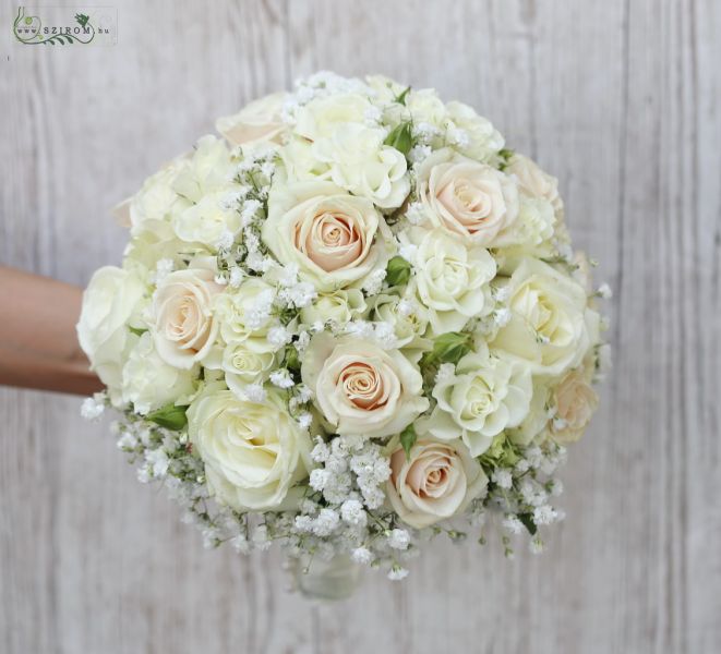 Menyasszonyi csokor (rózsa, bokros rózsa, rezgő, fehér, pasztell, rózsaszín)