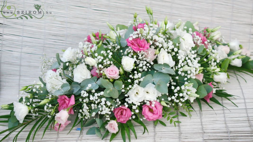 Főasztaldísz liziantusszal, rezgővel (rózsaszín, fehér), esküvő