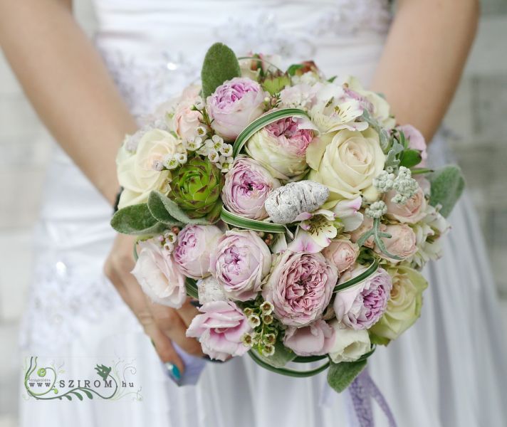 Menyasszonyi csokor hamvas lila-fehér (rózsa, angol rózsa, wax)