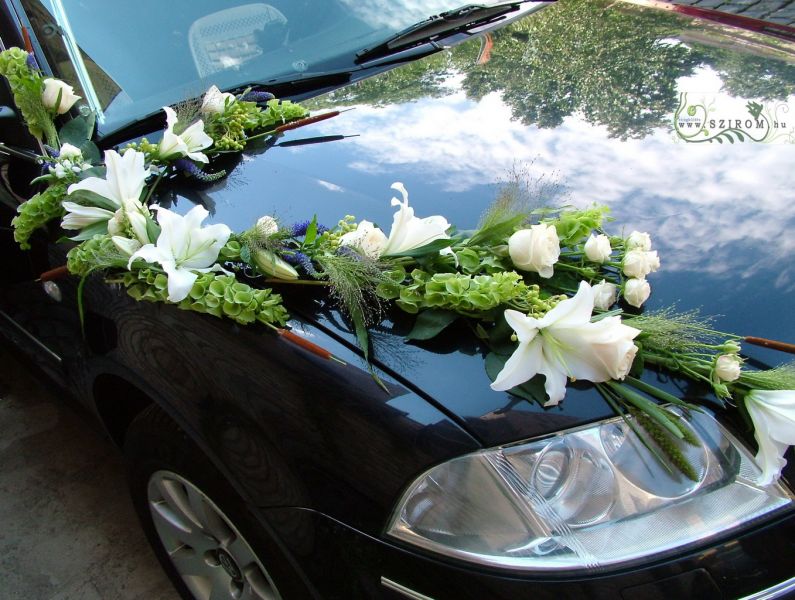 Autódísz girland (liliom, rózsa, veronika, lila, fehér, zöld)