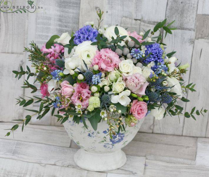 Rusztikus romantikus kőtál asztaldísz (rózsaszín, fehér, kék), esküvő