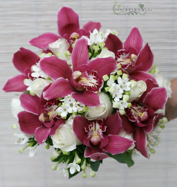 Menyasszonyi csokor orchideával, bouvardiával (rózsa,fehér, rózsaszín)