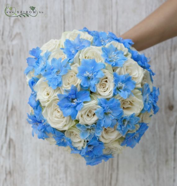 Menyasszonyi csokor ( delphinium, rózsa, kék, fehér)