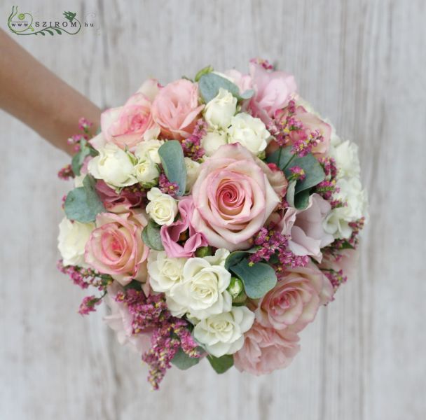 Menyasszonyi csokor ( rózsa, bokros rózsa, liziantusz, fehér, rózsaszín )