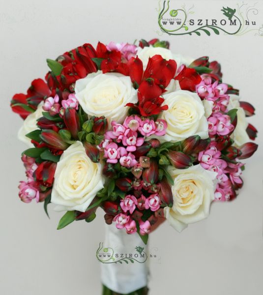 Menyasszonyi csokor (rózsa, bouvardia, inkaliliom, vörös, rózsaszín)